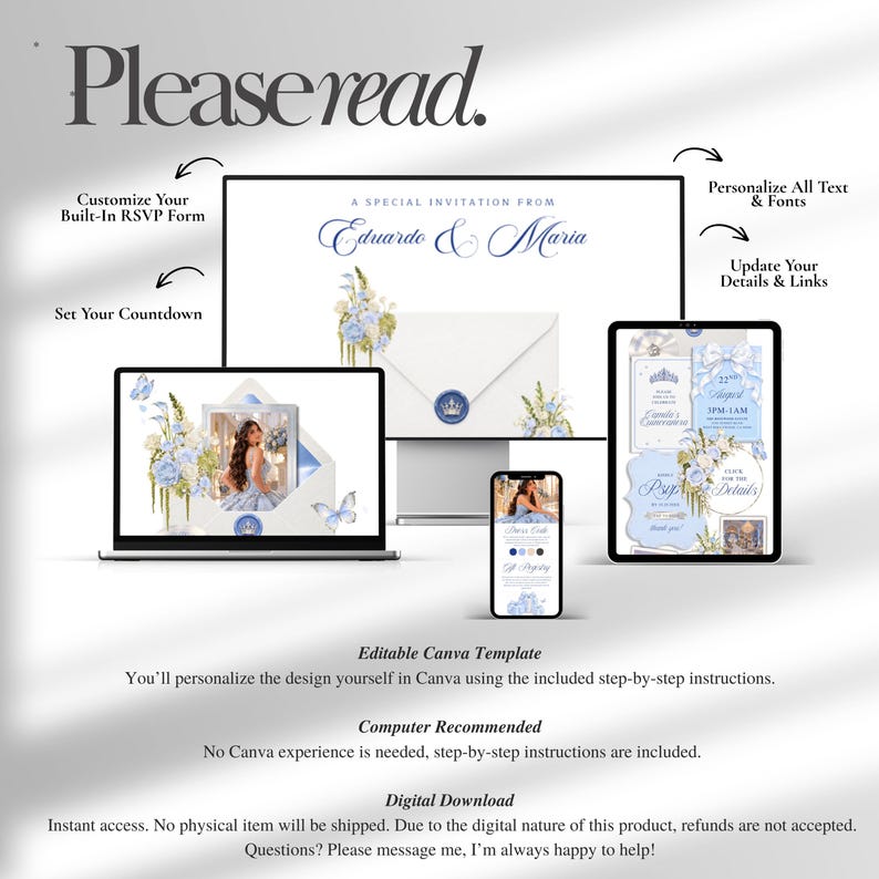 Blue Quinceañera Website Invitation, Editable Canva Digital Invite ...