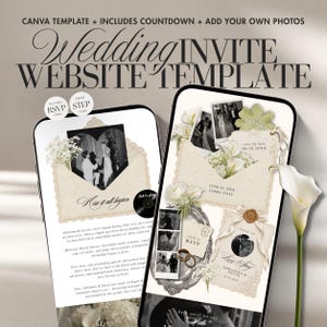 Puede incluir: Una plantilla de sitio web para invitaci&oacute;n de boda mostrada en dos tel&eacute;fonos inteligentes. El dise&ntilde;o presenta sobres de color crema, detalles florales, fotograf&iacute;as en blanco y negro y texto que incluye "Wedding Invite Website Template" y "RSVP".
