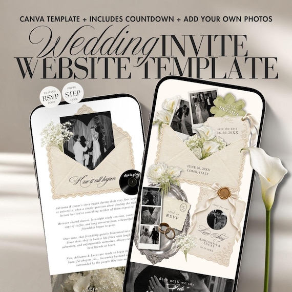 Classic Ivory Wedding Website Template, Digital Interactive Wedding Invitation, Canva RSVP, Editable Wedding Website, Countdown & Music