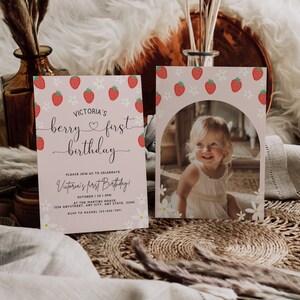 Berry First Birthday Invitation Template With Photo, Strawberry 1st Birthday Invite, Girls 1st Birthday Invitation, Boho Invite, Daisy image 4