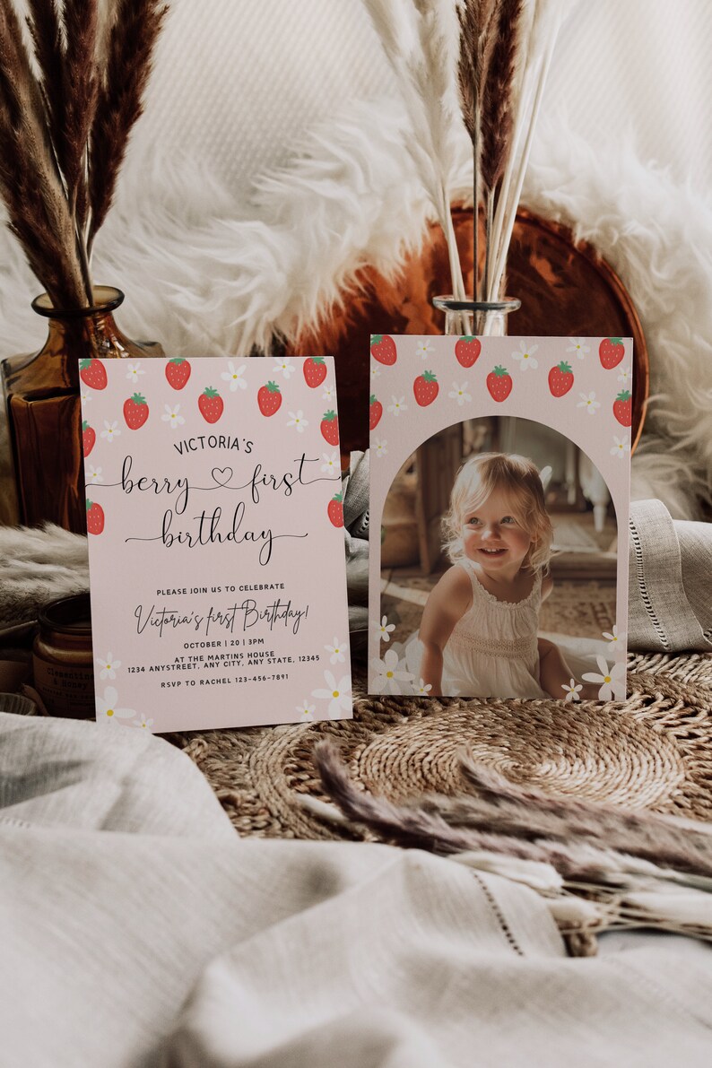 Berry First Birthday Invitation Template With Photo, Strawberry 1st Birthday Invite, Girls 1st Birthday Invitation, Boho Invite, Daisy image 4