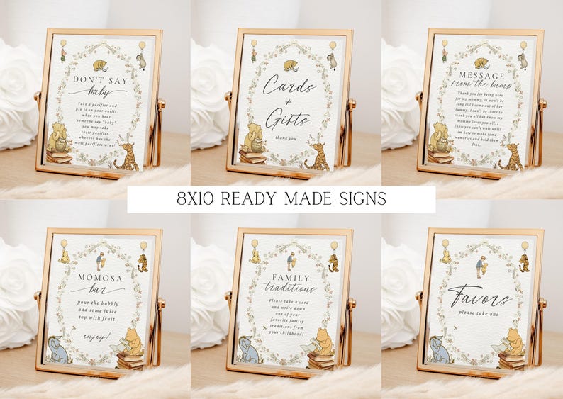 May include: Set of 8x10 inch printable signs featuring Winnie the Pooh and Piglet characters. The signs include titles like "Don't Say Baby", "Cards & Gifts", "Message from the Bump", "Mimosa Bar", "Family Traditions", and "Favors".