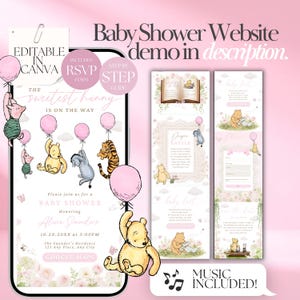May include: A digital baby shower invitation template featuring Winnie the Pooh characters, pink balloons, and floral accents. The design includes text such as The sweetest hunny is on the way, Baby Shower, and RSVP form. It is editable in Canva.