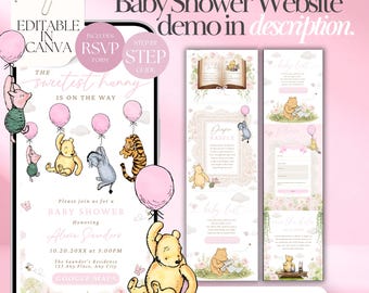 May include: A digital baby shower invitation template featuring Winnie the Pooh characters, pink balloons, and floral accents. The design includes text such as The sweetest hunny is on the way, Baby Shower, and RSVP form. It is editable in Canva.