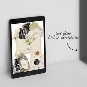 Puede incluir: Una tableta negra que muestra una plantilla de invitaci&oacute;n de boda digital con sobres color crema, calas blancas, fotograf&iacute;as en blanco y negro, sellos de cera dorados y texto que incluye "Save the date", "Como, Italy" y "Love Story".