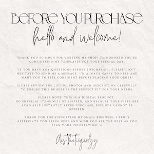 May include: A digital information card with black text on a light textured background. The text reads: BEFORE YOU PURCHASE, hello and welcome! THANK YOU SO MUCH FOR VISITING MY SHOP! ... NO PHYSICAL ITEMS WILL BE SHIPPED ... aestheticgirlyy.