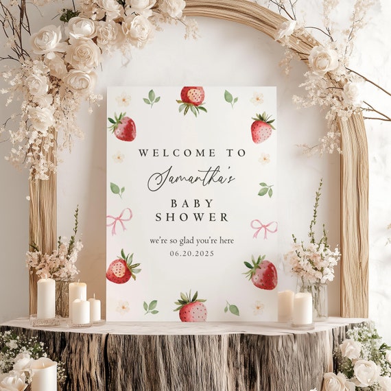 Coquette Berry Baby Shower Welcome Sign , Berry Sweet Sign Baby Shower Pink bow berries Minimal Girl Baby Shower Blush Pink Strawberry
