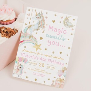 Unicorn and Rainbow birthday invitation, girl birthday party invite, Self Editable, Rainbow unicorn flowers gold glitter, Magic Unicorn