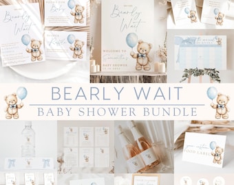 We Can Bearly Wait Baby Shower Bundle, Blue Boy Teddy Bear Baby Shower Bundle, Minimal Boho Teddy Bear Baby Bundle Invitation Set