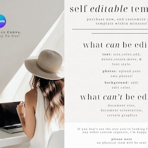 May include: A woman wearing a sun hat sits at a desk with a laptop. Text on the right side of the image reads "self editable template" and details what can and can't be edited. The Canva logo is in the upper left corner.