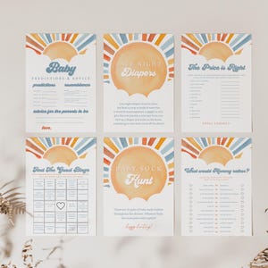 May include: Six printable baby shower game cards with a retro sunburst design. The games include "Baby Predictions & Advice", "Late Night Diapers", "The Price is Right", "What the Guest Bingo", "Baby Sock Hunt", and "What would Mommy rather".
