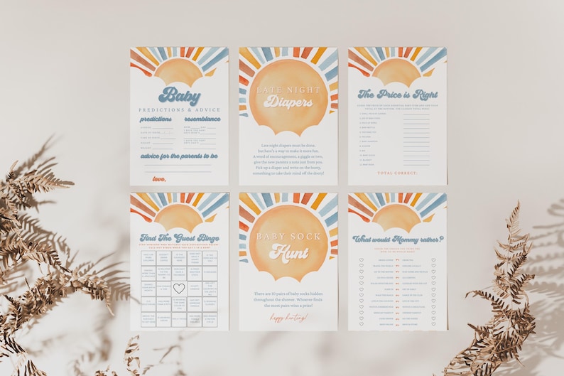 May include: Six printable baby shower game cards with a retro sunburst design. The games include "Baby Predictions & Advice", "Late Night Diapers", "The Price is Right", "What the Guest Bingo", "Baby Sock Hunt", and "What would Mommy rather".