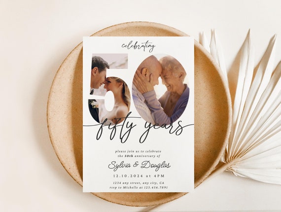 50th Anniversary Invite, 50th Wedding Anniversary Invitation with Photo, Digital Printable Editable Template, Minimalist 50th party decor