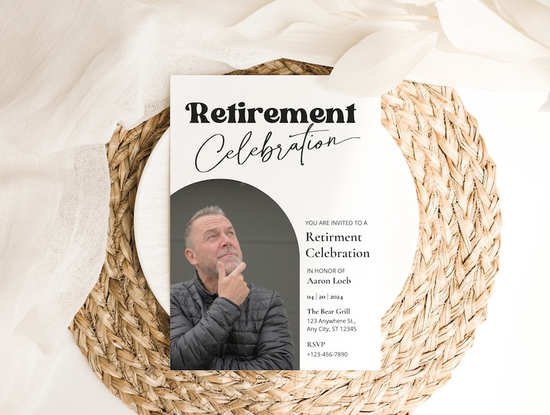 May include: A white invitation card with black text announcing a retirement celebration for Aaron Loeb. The card features a photo of a man in a black jacket and a gray background.