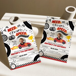 May include: A red and black race car themed birthday invitation with a photo of a child in a race car. The invitation says "Need Four Speed" and "Ashton's 4th Birthday!" with the date and time of the party.