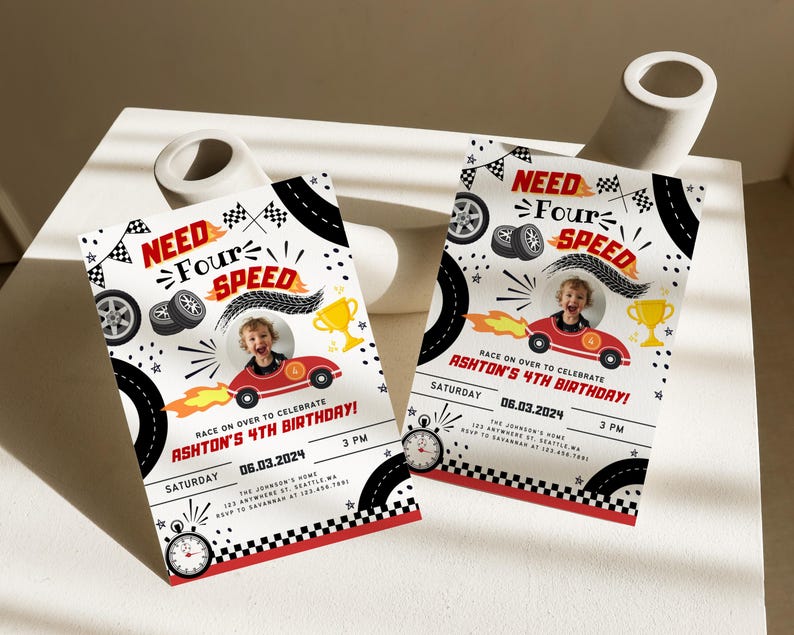 May include: A red and black race car themed birthday invitation with a photo of a child in a race car. The invitation says "Need Four Speed" and "Ashton's 4th Birthday!" with the date and time of the party.