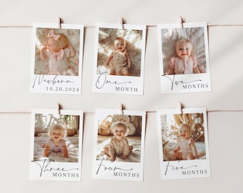 Erster Geburtstag Foto Banner, Digitale Vorlage, bearbeitbar Babys 1. Jahr, monatliche Meilenstein Karten, moderne Fotogirlande, bedruckbar, minimal