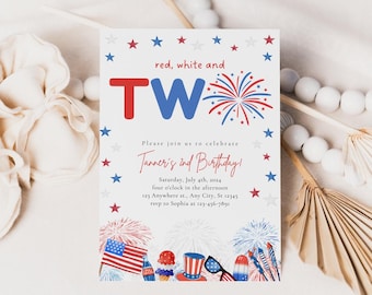 Red White and Two Invitation, 4th of July Invite, Second birthday invitation, Independence Day Party, 2nd Birthday Ideas, Red white and two