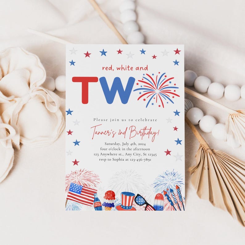 Rood wit en twee uitnodiging, 4 juli uitnodigen, tweede verjaardagsuitnodiging, Independence Day Party, 2e verjaardagsideeën, rood wit en twee afbeelding 1