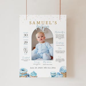 May include: A blue and white first birthday poster featuring a photo of a baby boy, a tooth graphic, and a list of milestones. The poster includes the baby's name, Samuel, and his birthdate, 23 June 2023. The poster also includes the baby's weight and length at birth, 8lb 11oz 20in.