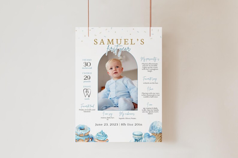 May include: A blue and white first birthday poster featuring a photo of a baby boy, a tooth graphic, and a list of milestones. The poster includes the baby's name, Samuel, and his birthdate, 23 June 2023. The poster also includes the baby's weight and length at birth, 8lb 11oz 20in.