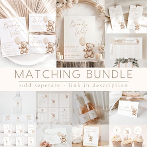 May include: A collection of baby shower stationery with a teddy bear theme. Includes invitations, signs, thank you cards, and cupcake toppers. The text includes "We can Bearly Wait" and "Welcome to Samantha's Baby Shower". The overall color scheme is beige and gold.