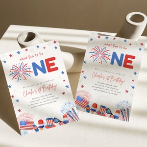 May include: Two red, white, and blue birthday party invitations with a fireworks theme. The invitations say "What fun to be one!" and "Please join us to celebrate Charlie's 1st Birthday!"