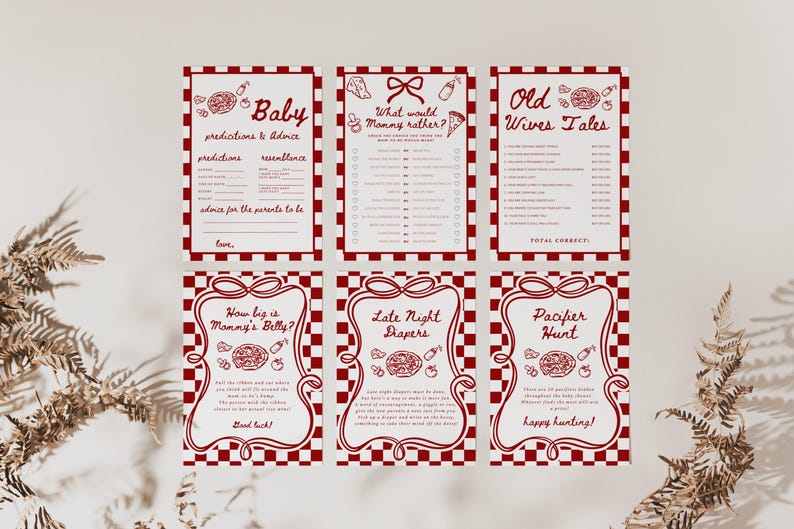 K&ouml;nnte beinhalten: Sechs Babyparty-Spielkarten in Rot und Wei&szlig; mit Titeln wie "Baby", "What would Mommy rather?" und "Old Wives Tales". Jede Karte hat einen rot-wei&szlig; karierten Rand und dekorative Elemente.