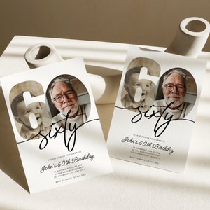 May include: A white invitation card with black text and a photo of a man and a young boy. The text reads "Please join us to celebrate John's 60th Birthday".