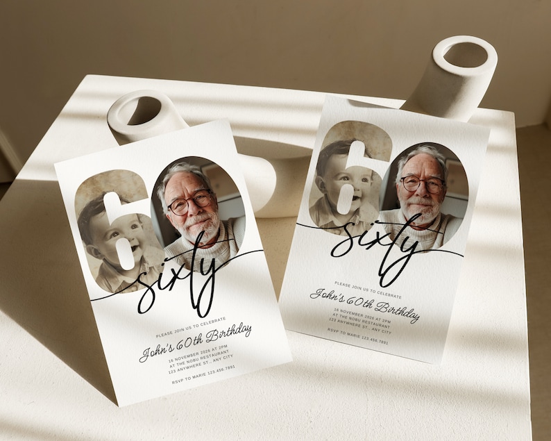 May include: A white invitation card with black text and a photo of a man and a young boy. The text reads "Please join us to celebrate John's 60th Birthday".