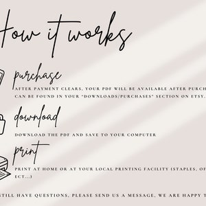 May include: A beige graphic with the text "How it works" in elegant script. Below, instructions are given for purchase, download, and print, accompanied by simple line drawings of a phone, folder, and printer.
