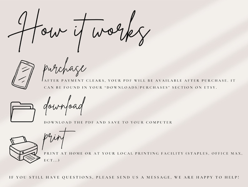 May include: A beige graphic with the text "How it works" in elegant script. Below, instructions are given for purchase, download, and print, accompanied by simple line drawings of a phone, folder, and printer.