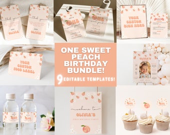 One Sweet Peach Party Bundle, One Sweet Peach Theme, One Sweet Peach Birthday, 1st Birthday Bundle, Signs, Cupcake Toppers, Invites, Groovy