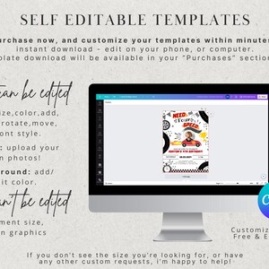 May include: A computer screen displaying a Canva design template for a birthday invitation. The invitation features a cartoon car with the text "Need Your Speed" and a red and white checkered background. The text "what can be edited" and "what can't be edited" is displayed on the screen.