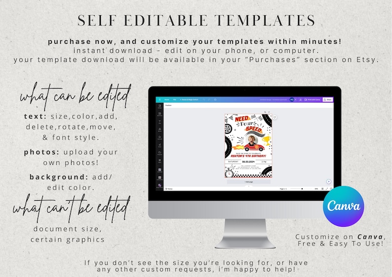 May include: A computer screen displaying a Canva design template for a birthday invitation. The invitation features a cartoon car with the text "Need Your Speed" and a red and white checkered background. The text "what can be edited" and "what can't be edited" is displayed on the screen.