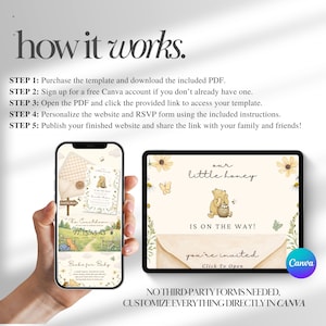 May include: A digital template guide titled how it works with five steps for customizing a website and RSVP form. The graphic displays a smartphone and tablet showing a Winnie the Pooh themed invitation design with the text our little honey is on the way.