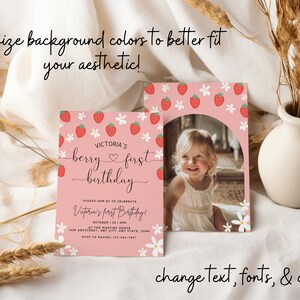 Berry First Birthday Invitation Template With Photo, Strawberry 1st Birthday Invite, Girls 1st Birthday Invitation, Boho Invite, Daisy image 3