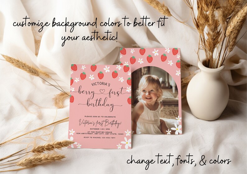 Berry First Birthday Invitation Template With Photo, Strawberry 1st Birthday Invite, Girls 1st Birthday Invitation, Boho Invite, Daisy image 3