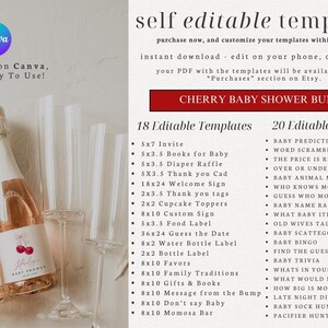 May include: A printable digital download for a cherry baby shower. The image shows a list of 18 editable templates and 20 editable games. The templates include invitations, thank you cards, food labels, and more. The games include baby predictions, word scramble, and baby bingo.