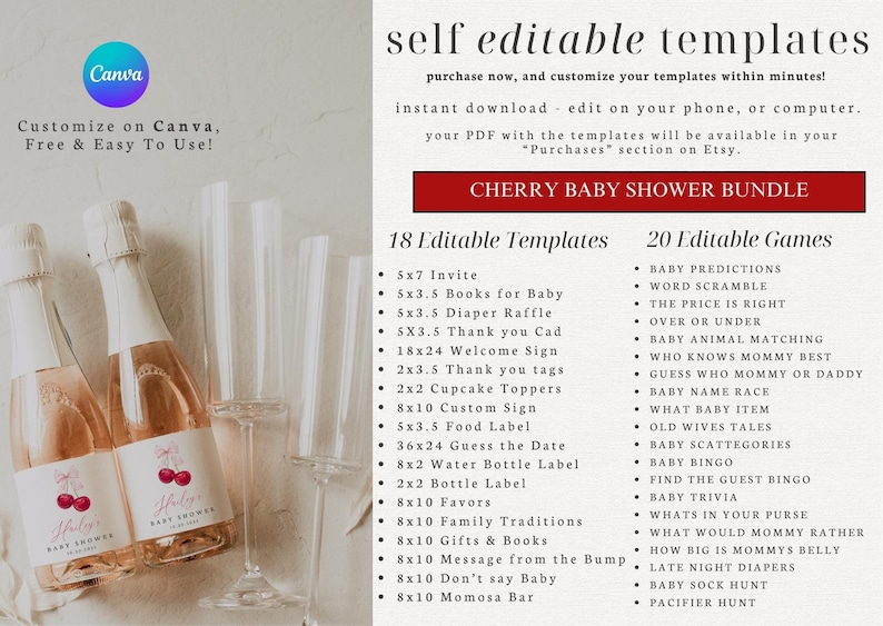 May include: A printable digital download for a cherry baby shower. The image shows a list of 18 editable templates and 20 editable games. The templates include invitations, thank you cards, food labels, and more. The games include baby predictions, word scramble, and baby bingo.