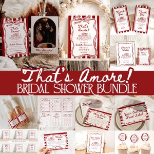 May include: Printable bridal shower bundle with a red and white striped theme. The bundle includes a welcome sign, food labels, a recipe card, a "please bring a drink" sign, a thank you card, and more. The text on the welcome sign reads "That's Amore!" and "Welcome to [Bride's Name]'s Bridal Shower".