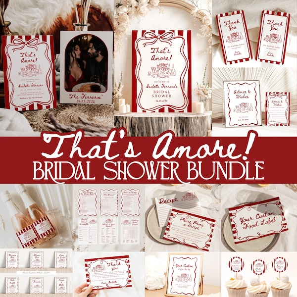 That's Amore Bridal Shower Bundle, Italian Bridal Shower Party Ideas, Engagement Party Decor, Whimsical Hand Drawn Editable Canva Wedding