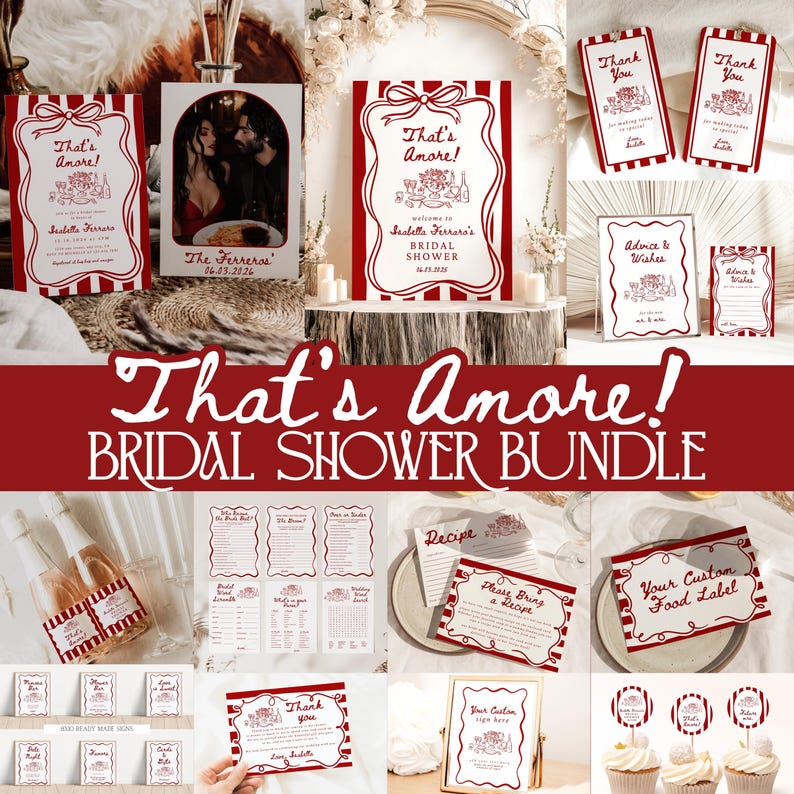 May include: Printable bridal shower bundle with a red and white striped theme. The bundle includes a welcome sign, food labels, a recipe card, a "please bring a drink" sign, a thank you card, and more. The text on the welcome sign reads "That's Amore!" and "Welcome to [Bride's Name]'s Bridal Shower".