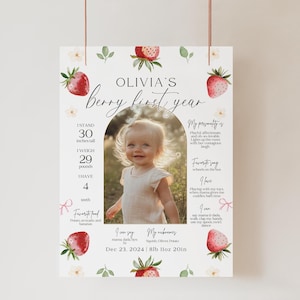 Tablero de hitos del primer cumpleaños de Coquette Berry, cuadro de hitos fotográficos del primer cumpleaños con lazo rosa y fresa, póster bohemio del primer cumpleaños de niñas con margaritas