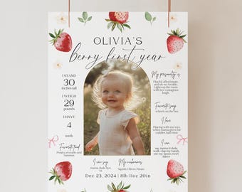 Coquette Berry första födelsedag milstolpe tavla, rosa rosett jordgubb 1-årsdag foto milstolpe diagram, flickors 1-årsdag boho poster prästkrage