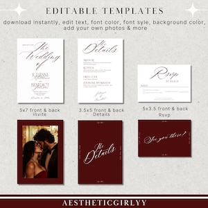 May include: A collection of editable wedding invitation templates. The designs include a 5x7 invitation, a 3.5x5 details card, and a 5x3.5 RSVP card. The templates feature elegant fonts and a burgundy color scheme, with a photo of a couple kissing.