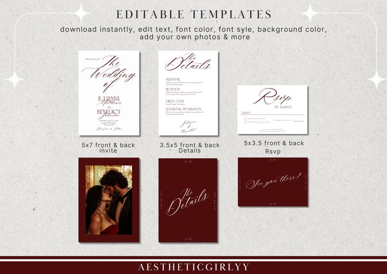 May include: A collection of editable wedding invitation templates. The designs include a 5x7 invitation, a 3.5x5 details card, and a 5x3.5 RSVP card. The templates feature elegant fonts and a burgundy color scheme, with a photo of a couple kissing.