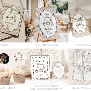 Peut inclure: Ensemble de papeterie pour une f&ecirc;te pr&eacute;nuptiale sur le th&egrave;me du caf&eacute;. Comprend des invitations, un panneau de bienvenue, des &eacute;tiquettes de remerciement, des d&eacute;corations de cupcakes, des cartes de conseils et de v&oelig;ux et des jeux de f&ecirc;te pr&eacute;nuptiale. Tous les articles pr&eacute;sentent un motif &agrave; rayures marron et blanc et le texte "Love is Brewing".