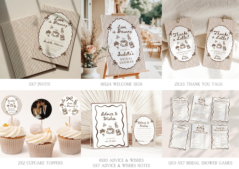 Peut inclure: Ensemble de papeterie pour une f&ecirc;te pr&eacute;nuptiale sur le th&egrave;me du caf&eacute;. Comprend des invitations, un panneau de bienvenue, des &eacute;tiquettes de remerciement, des d&eacute;corations de cupcakes, des cartes de conseils et de v&oelig;ux et des jeux de f&ecirc;te pr&eacute;nuptiale. Tous les articles pr&eacute;sentent un motif &agrave; rayures marron et blanc et le texte "Love is Brewing".