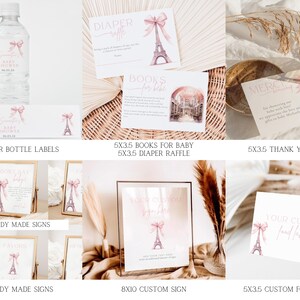 May include: Printable Paris-themed baby shower party decorations. Includes water bottle labels, ready-made signs, a custom sign, a thank you card, and a custom food label. All designs feature a pink Eiffel Tower with a pink bow.